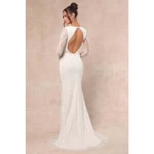 NWT Lulus Deedra White Sequin Beaded Backless Maxi Dress Wedding Bridal Bride S